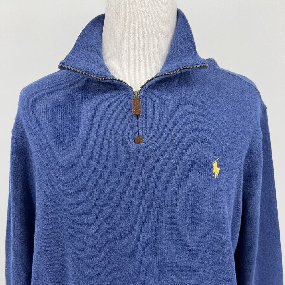 Polo Ralph Lauren Men's Pullover 1/4-Zip Sweater Blue Yellow Pony L Large - Picture 1 of 6